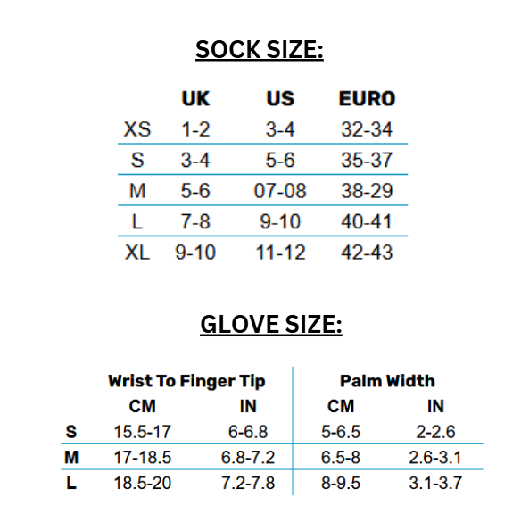 2026 ZONE3 HEAT TECH GLOVES & SOCKS 0 Størrelsesskema